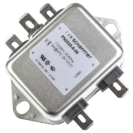 Filtr EMI, řada: FN2020, 150 nF, 250V ac/dc, 400Hz, Montáž na rám 1 mH, Fast-On, 6 A, počet fází: 1, 0.74 mA, Schaffner,