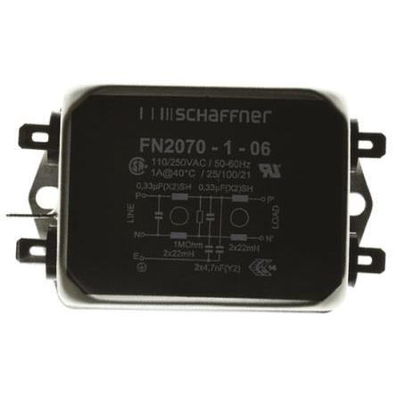 Filtr EMI, řada: FN2070, 330 nF, 250V ac/dc, 400Hz, Montáž na rám 22 mH, Fast-On, 1 A, počet fází: 1, 0.734 mA,