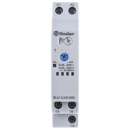 Finder Časovací relé, řada: 80 Lišta DIN SPDT 1kontaktové 240 V dc 24V ac, 240 V ac 1 funkce Šroub 0.05 to 180 s