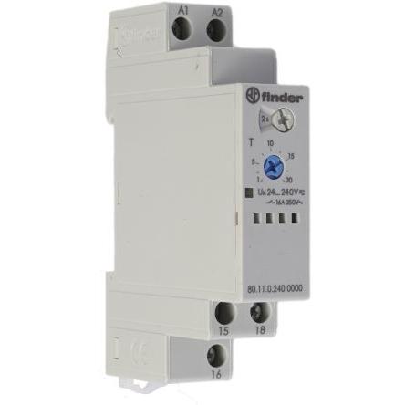 Finder Časovací relé, řada: 80 Lišta DIN SPDT 1kontaktové 240 V dc 24V ac, 240 V ac 1 funkce Šroub 0.1 to 20 s, 0.1 to