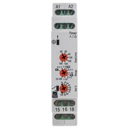 RS PRO Časovací relé Lišta DIN SPDT 2kontaktové 24 to 230 V ac 230V ac, 24 V ac 1 funkce Šroub 0.1 s to 100 h
