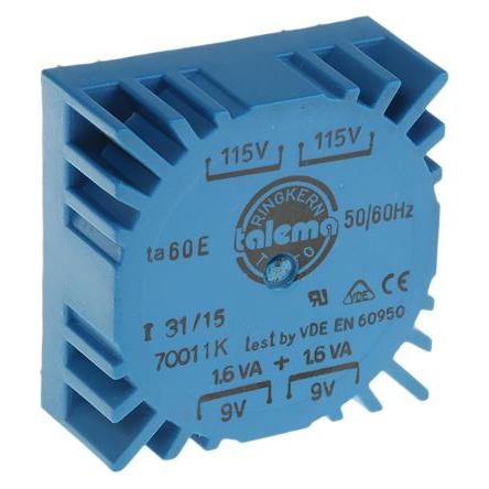 Nuvotem Talema Toroidní transformátor, počet výstupů: 2, primární napětí: 230 V ac, sekundární napětí: 2 x 9 V ac 3.2