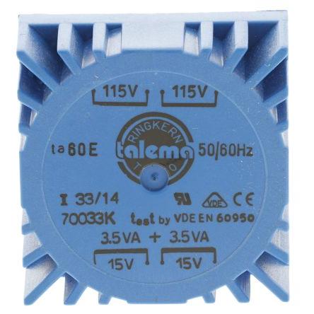 Nuvotem Talema Toroidní transformátor, počet výstupů: 2, primární napětí: 230 V ac, sekundární napětí: 2 x 15 V ac 7 VA,