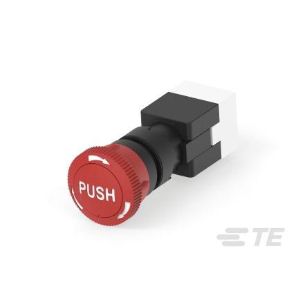 TE Connectivity PBES16 Uvolnění kroucením Tlačítko nouzového vypínače Montáž do panelu 16 mm 1 NC/1 NC IP65