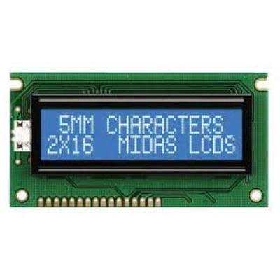 Monochromatický LCD displej MC21605A6WD-BNMLW-V2 Alfanumerické podsvícení LED Modrá Paralelní Midas Modrá 2 x 16