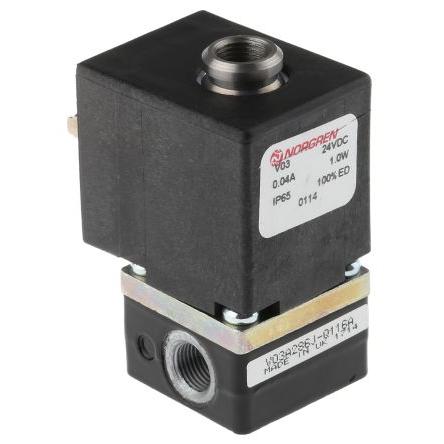 Pneumatický solenoidový ventil 2/2, řada: V03 G Elektromagnetický/pružina, max. průtok: 30L/min Norgren 24V dc