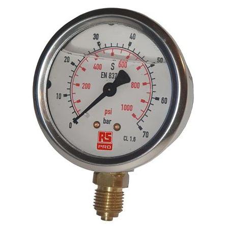 Tlakoměr Typ G, přesnost: ±1 % 100 mm G 3/8 Nerezová ocel, 60 °C 10 bar 0 bar RS PRO