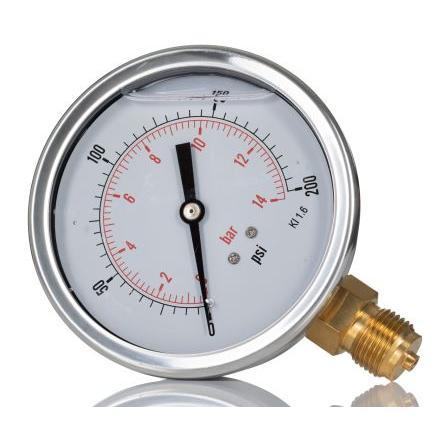 Tlakoměr 1/2 in BSP 100 mm BSP 1/2 in Nerezová ocel, 60 °C 200 psi 0 psi RS PRO