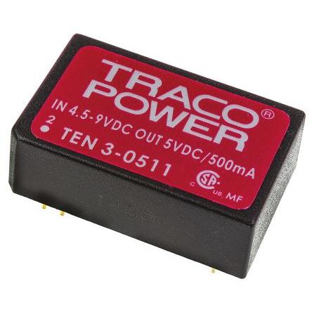 TRACOPOWER Měnič DC/DC TEN 3, výstup: 5V dc 1.5 kV dc, Vin 9V dc 500 mA, Vin 4.5V 2.5 W -40 °C 85 °C Povrch