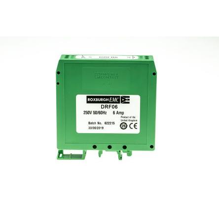 Filtr RFI, řada: DRF, 1 μF, 250V ac, 0Hz, 440 Hz, Lišta DIN 1.4 mH, Šroubová, 6 A, počet fází: 1, 1.46 mA, Roxburgh EMC,