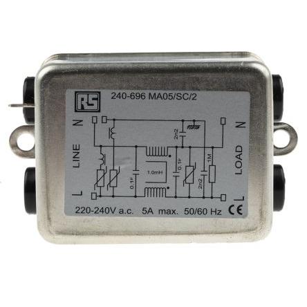 Filtr RFI, řada: MA, 240V ac, 50Hz, 60 Hz, Montáž na rám, Fast-On, 5 A, 0.3 mA, RS PRO, 3, EN 60950