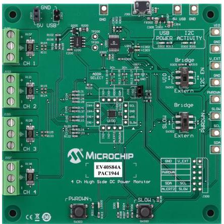 Vyhodnocovací deska PAC1944 – 4-KANÁLOVÝ MONITOR NAPÁJENÍ DC NA VYSOKÉ STRANĚ Řízení spotřeby Microchip PAC1944, pro