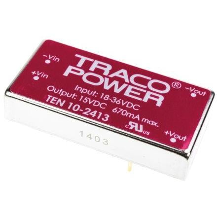 TRACOPOWER Měnič DC/DC TEN 10, výstup: 15V dc 1.5 kV dc, Vin 36V dc 670 mA, Vin 18V 10 W -40 °C 85 °C Montáž na plošný