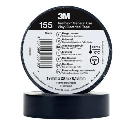 Elektrikářská páska, název: Temflex 155, Černá Vinyl 19mm x, délka: 20 m tloušťka 0.13 mm 3M