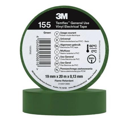 Elektrikářská páska, název: Temflex 155, Zelená Vinyl 19mm x, délka: 20 m tloušťka 0.13 mm 3M