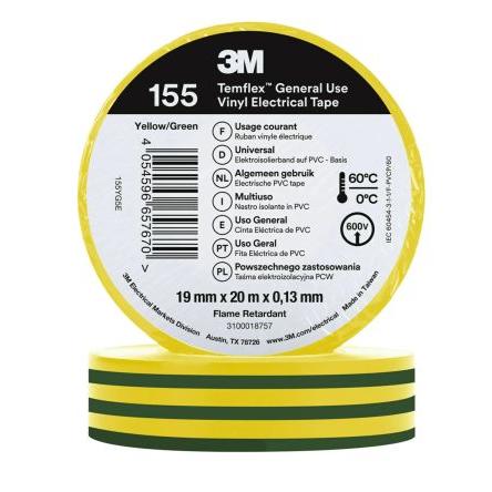 Elektrikářská páska, název: Temflex 155, Žlutá, Zelená Vinyl 19mm x, délka: 20 m tloušťka 0.13 mm 3M