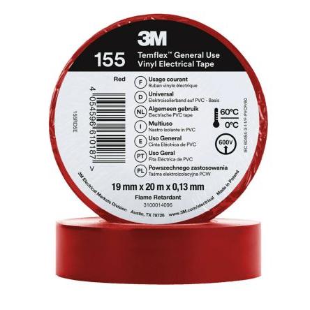 Elektrikářská páska, název: Temflex 155, Červená Vinyl 19mm x, délka: 20 m tloušťka 0.13 mm 3M