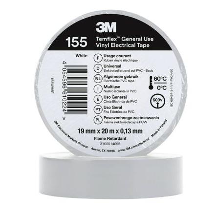Elektrikářská páska, název: Temflex 155, Bílá Vinyl 19mm x, délka: 20 m tloušťka 0.13 mm 3M