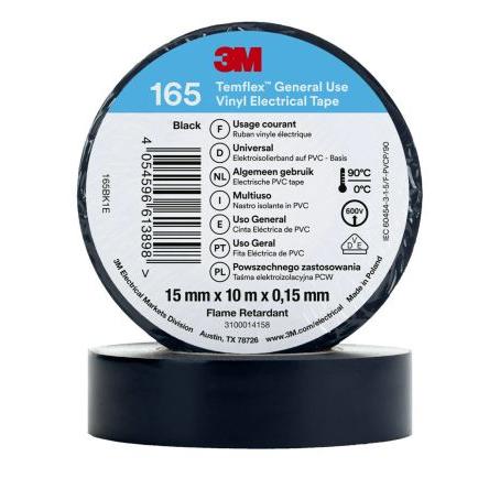 Elektrikářská páska, název: Temflex 165, Černá Vinyl 15mm x, délka: 10 m tloušťka 0.152 mm 3M