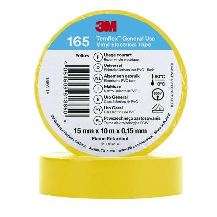 Elektrikářská páska, název: Temflex 165, Žlutá Vinyl 15mm x, délka: 10 m tloušťka 0.152 mm 3M