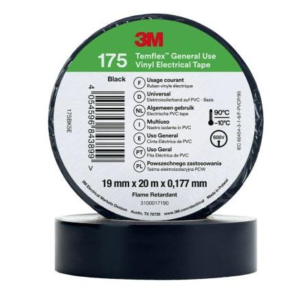 Elektrikářská páska, název: Temflex, Černá Vinyl 19mm x, délka: 20 m tloušťka 0.178 mm 3M