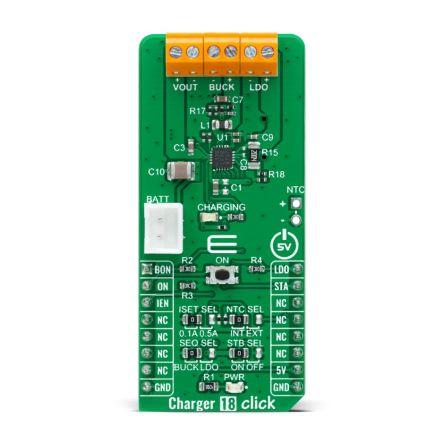 Vývojová sada pro řízení napájení Nabíječka 18 Click Nabíječka baterií MikroElektronika LTC3553, pro použití s: Zásuvka