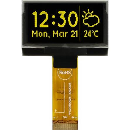 Displej OLED, řada: MCOT128064B1V-YM 1.54 in Žlutá Pasivní matice 128 x 64 pixelů Jazýček Midas I2C, Paralelní, SPI