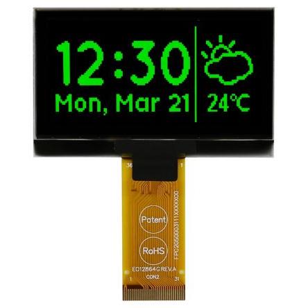 Displej OLED, řada: MCOT128064H1V-GM 2.42 in Zelená Pasivní matice 128 x 64 pixelů Jazýček Midas I2C, Paralelní, SPI