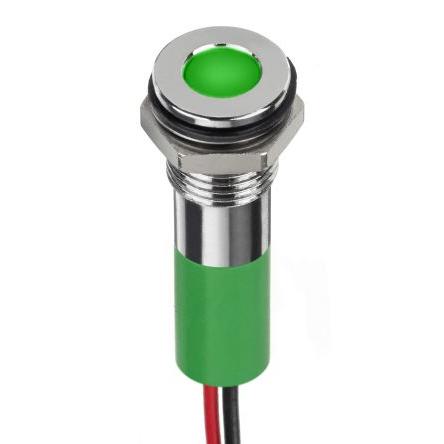 Indikátor pro montáž do panelu, řada: RS PRO Světle zelená, typ žárovky: LED Vodič RS PRO 2V dc 8 mm, IP67