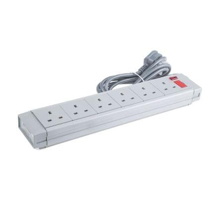 RS PRO Prodlužovací kabel, délka kabelu: 2 m 6 zásuvek, 230V ac Typ G Šedá Typ G Přepěťová ochrana