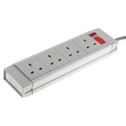 RS PRO Prodlužovací kabel, délka kabelu: 2 m 4 zásuvek, 230V ac Šedá Typ G Přepěťová ochrana