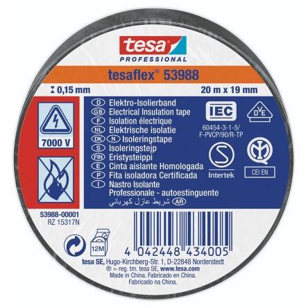Izolační páska, název: 53988, Černá Polyvinylchlorid 7000 V 19mm x, délka: 20 m tloušťka 150 μm Tesa