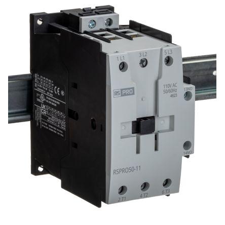 RS PRO 1 NO, 1 NC Stykač napětí ve vinutí 110V ac 3pólový 50 A 690V 22 kW s 1 NO/1 NC kontakty 24V Elektromechanické 3P
