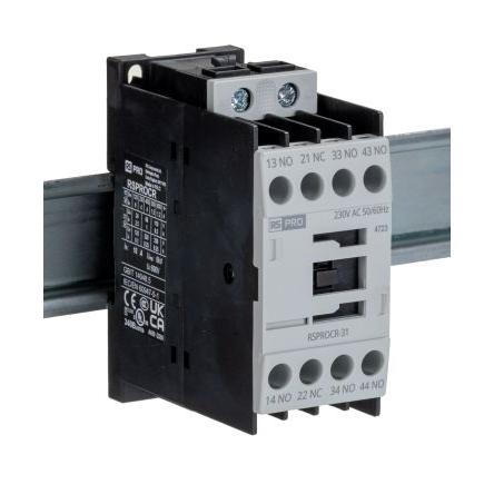 RS PRO 3 NO, 1 NC Stykač napětí ve vinutí 230V ac 1pólový 4 A 500V s 3 NO, 1 NC kontakty Elektromechanické
