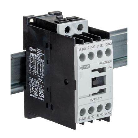 RS PRO 2 NO, 2 NC Stykač napětí ve vinutí 110V ac 1pólový 4 A 500V s 2 NO/2 NC kontakty 110V ac Elektromechanické