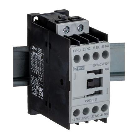 RS PRO 2 NO, 2 NC Stykač napětí ve vinutí 230V ac 1pólový 4 A 500V s 2 NO/2 NC kontakty 110V Elektromechanické