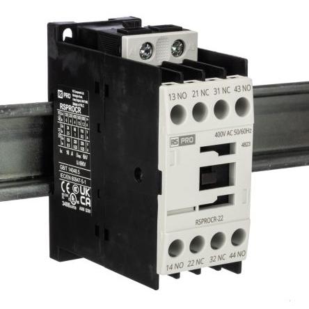 RS PRO 2 NO, 2 NC Stykač napětí ve vinutí 400V ac 1pólový 4 A 500V s 2 NO/2 NC kontakty 400V ac Elektromechanické