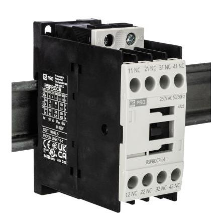 RS PRO 4 NO Stykač napětí ve vinutí 230V ac 1pólový 4 A 500V s 4 NO kontakty 230V ac Elektromechanické