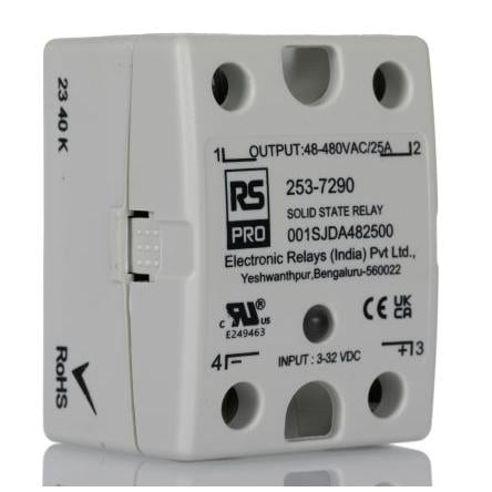 RS PRO Polovodičové relé 25 A Montáž do panelu, Povrchová montáž SPST 480 Vrms 32V dc