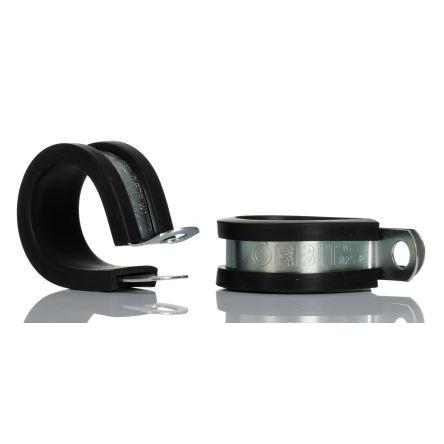 RS PRO Spona tvaru P 25 mm (vnitřní prům.), Černá, Etylen-propylen-dien-monomerní kaučuk, Měkká ocel