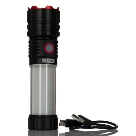 Kapesní svítilna, rozsah: RS PRO, typ žárovky: LED Dobíjecí, svítivost: 800 lm, IPX4 Černá 3.7 V Plošné, Bodové USB typu