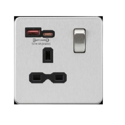 Zásuvka USB Broušený chrom 1cestná Ocel Spínací proud 13A USB, Typ G – britská Vnitřní BS EN 62680-1-1, BS EN 62368-1,