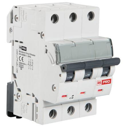 RS PRO Miniaturní jistič, rozsah: RS PRO 3pólový 20A vypínací výkon 10 kA, charakteristika: Typ C 240V ac 240 V dc