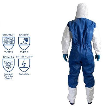 Chemsplash Kombinéza Jednorázový Unisex, Bílá, SC: 2XL, 50 GSM SMS prodyšný zadní panel, Mikroporézní laminovaná tkanina