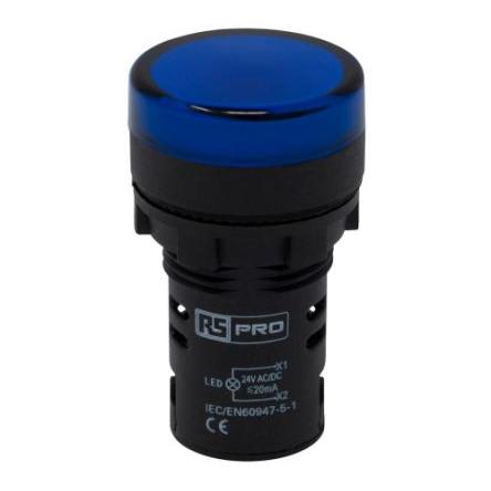 RS PRO Kontrolka Montáž do panelu LED Modrá, průměr výřezu: 22 mm IP65 Kulatý 24 V ac, 24V dc