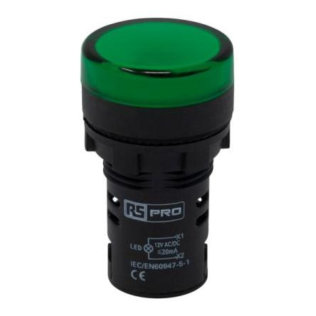 RS PRO Kontrolka Montáž do panelu LED Zelená, průměr výřezu: 22 mm IP65 Kulatý 12 V ac, 12V dc