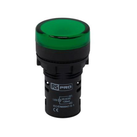 RS PRO Kontrolka Montáž do panelu LED Zelená, průměr výřezu: 22 mm IP65 Kulatý 24 V ac, 24V dc