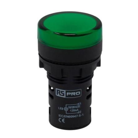 RS PRO Kontrolka Montáž do panelu LED Zelená, průměr výřezu: 22 mm IP65 Kulatý 110 V ac, 110V dc