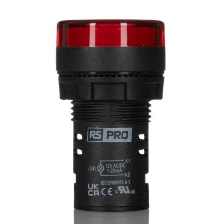 RS PRO Kontrolka Montáž do panelu LED Červená, průměr výřezu: 22 mm IP65 Kulatý 12 V ac, 12V dc