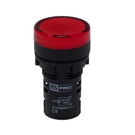 RS PRO Kontrolka Montáž do panelu LED Červená, průměr výřezu: 22 mm IP65 Kulatý 24 V ac, 24V dc